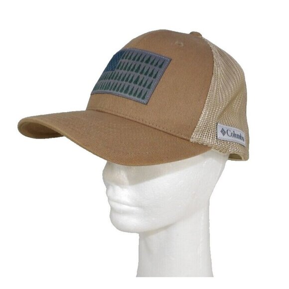 COLUMBIA light brown, tan Flexfit baseball hat, cap with flag & trees S/M 22-23" - Picture 3 of 5